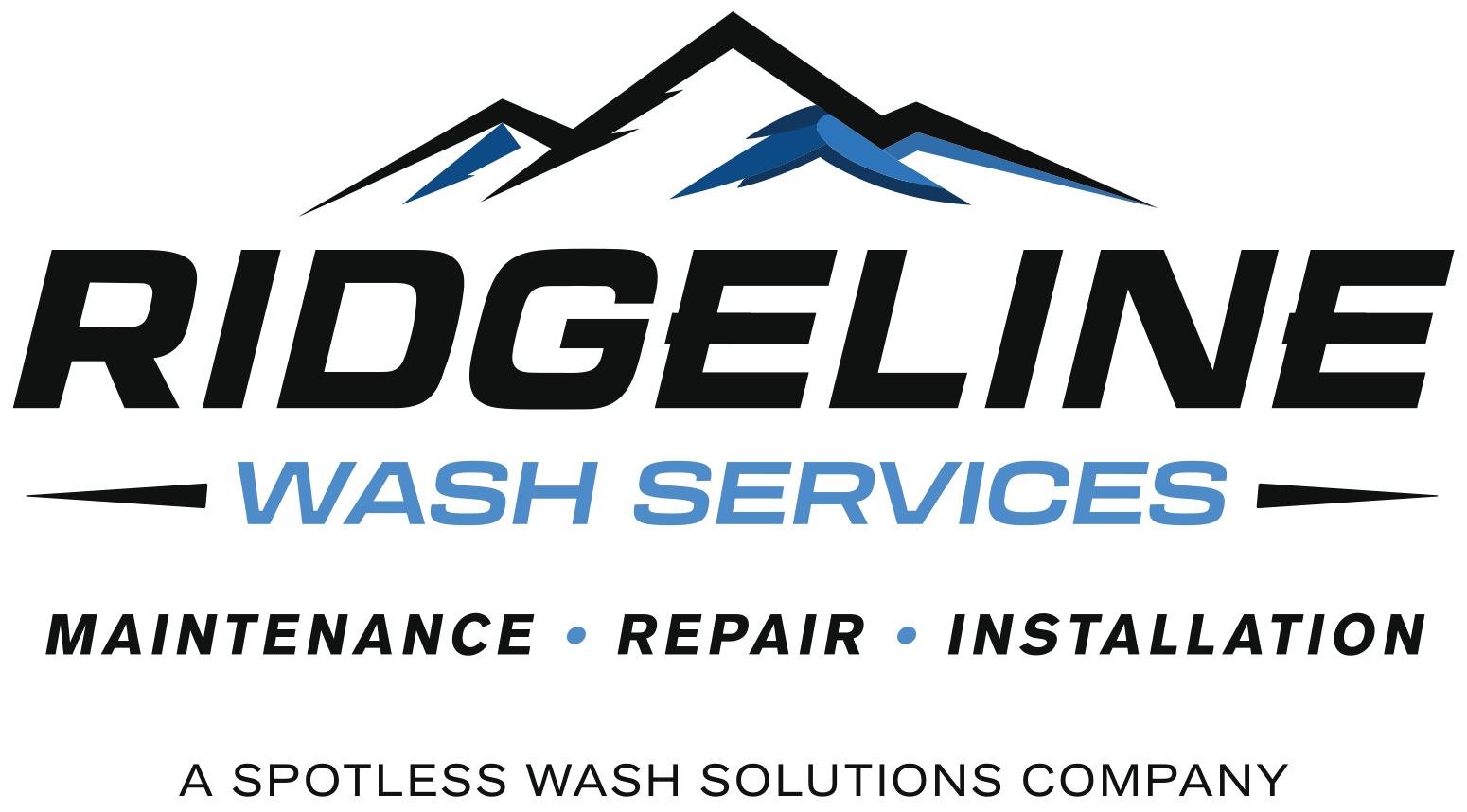 Ridgeline Wash Services stacked lockup: mountain mark, RIDGELINE, WASH SERVICES, Maintenance Repair Installation.