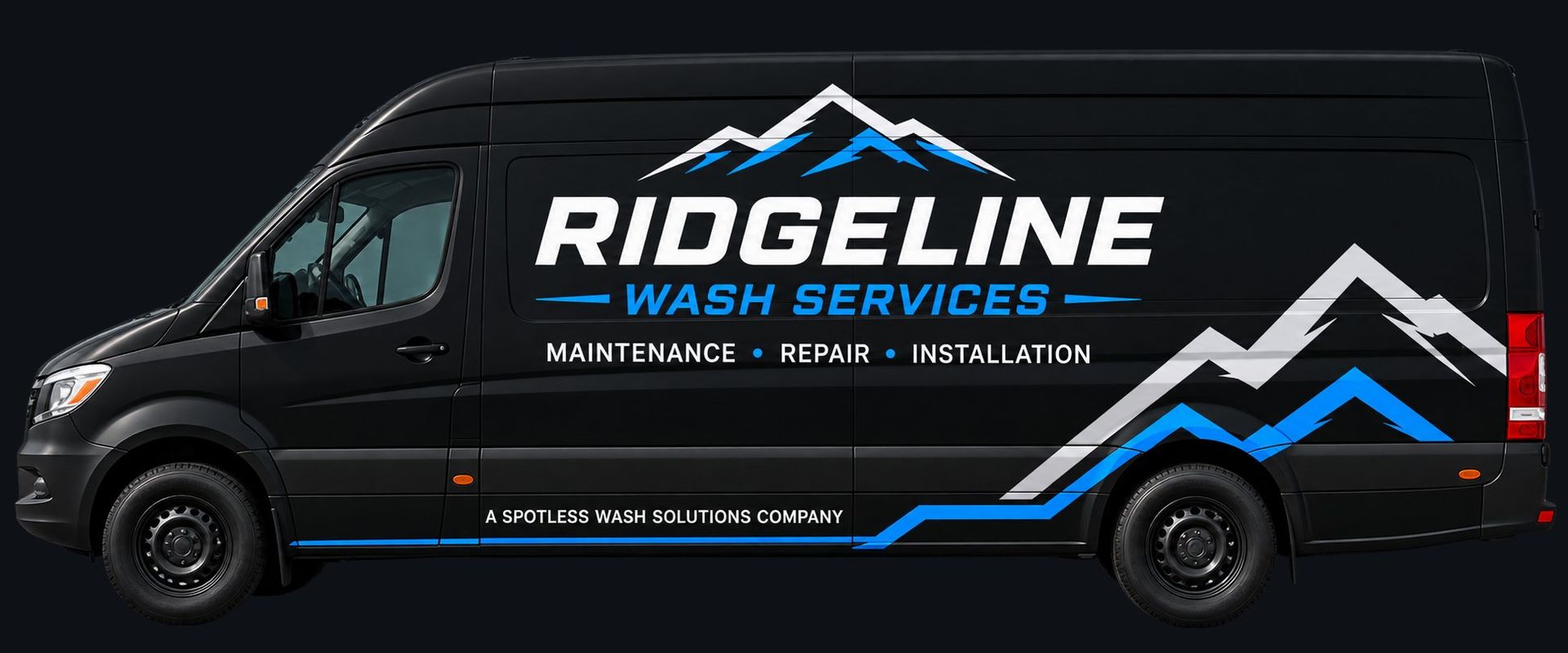 Ridgeline Wash Services van: a black high-roof Sprinter in side profile, lettered Maintenance, Repair, Installation.
